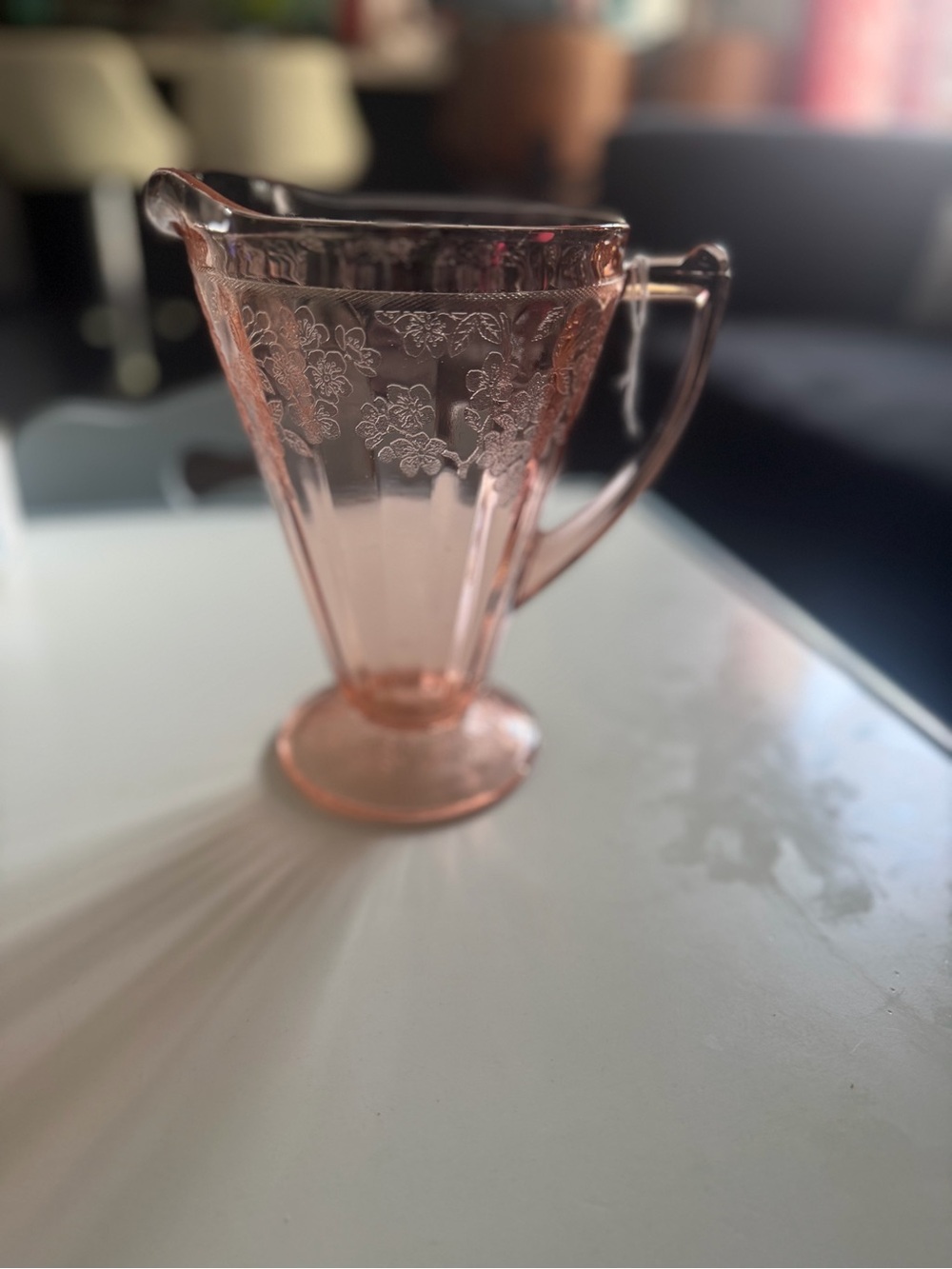 Pink Depression Glass Pitcher with Floral Etching